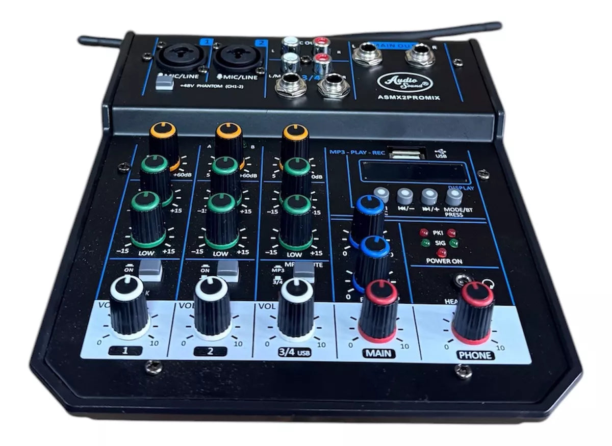 Mixer Consola 4 Canales Audio Sound + 2 Mic Inalámbricos